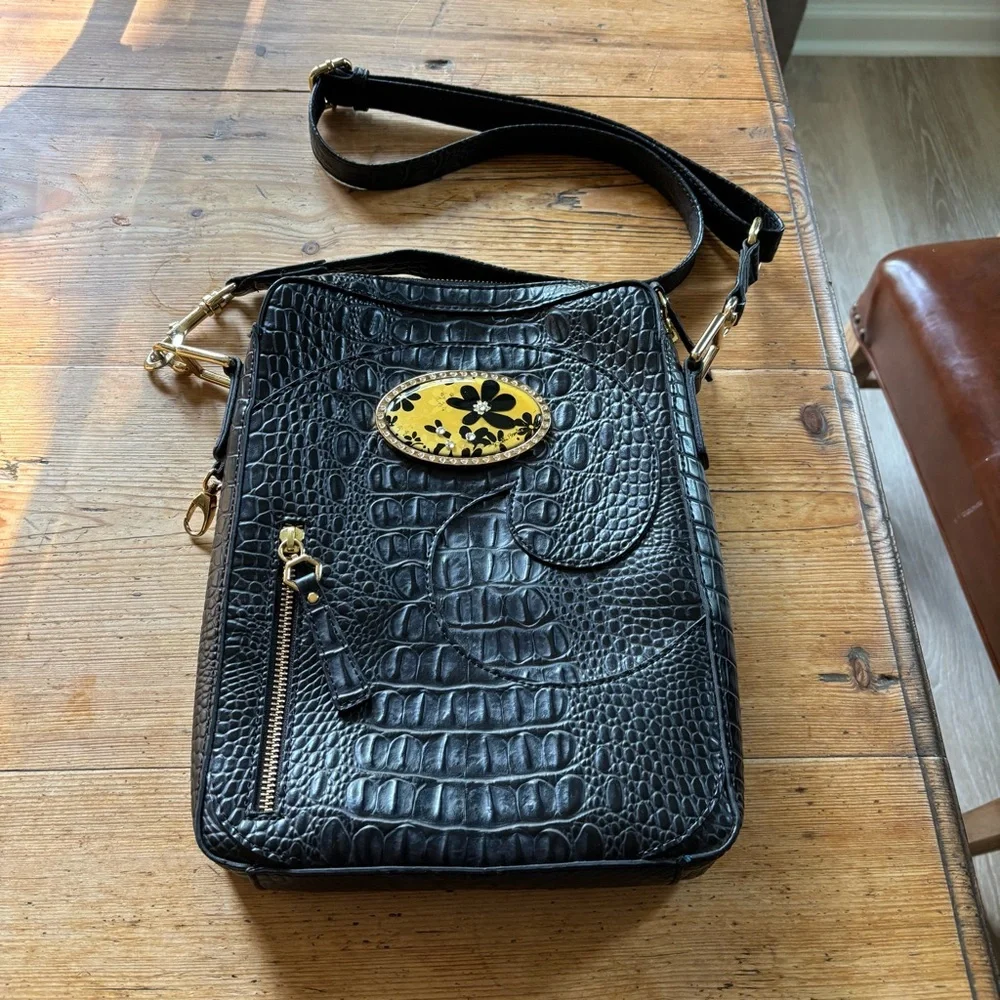 Black Croc-Embossed Crossbody Bag with Yellow Floral Accent